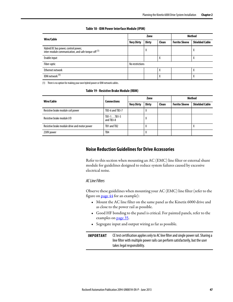 Noise reduction guidelines for drive accessories, Ac line filters | Rockwell Automation 2094-xMxx-S Kinetix 6000 Multi-axis Servo Drives User Manual User Manual | Page 47 / 286