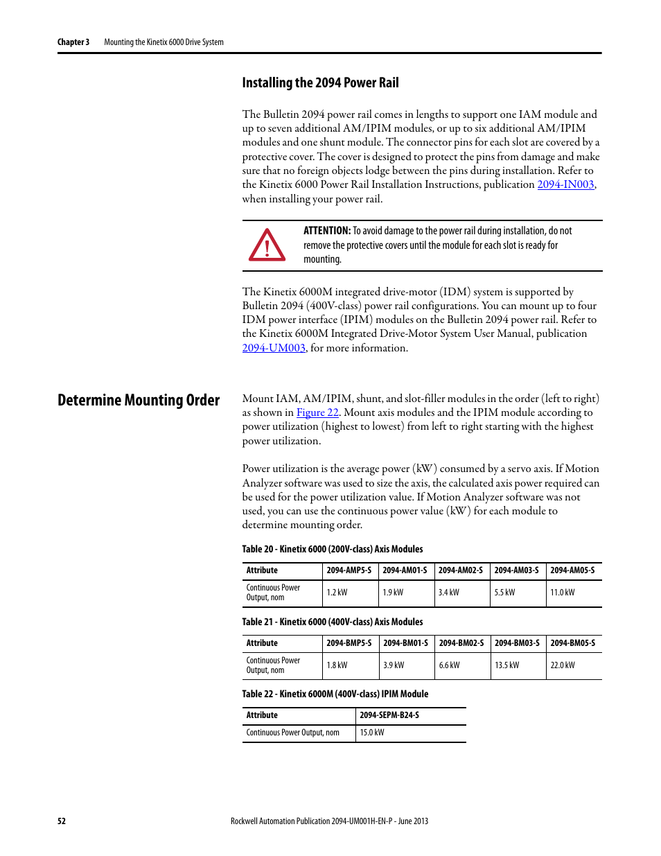 Installing the 2094 power rail, Determine mounting order | Rockwell Automation 2094-xMxx-S Kinetix 6000 Multi-axis Servo Drives User Manual User Manual | Page 52 / 286