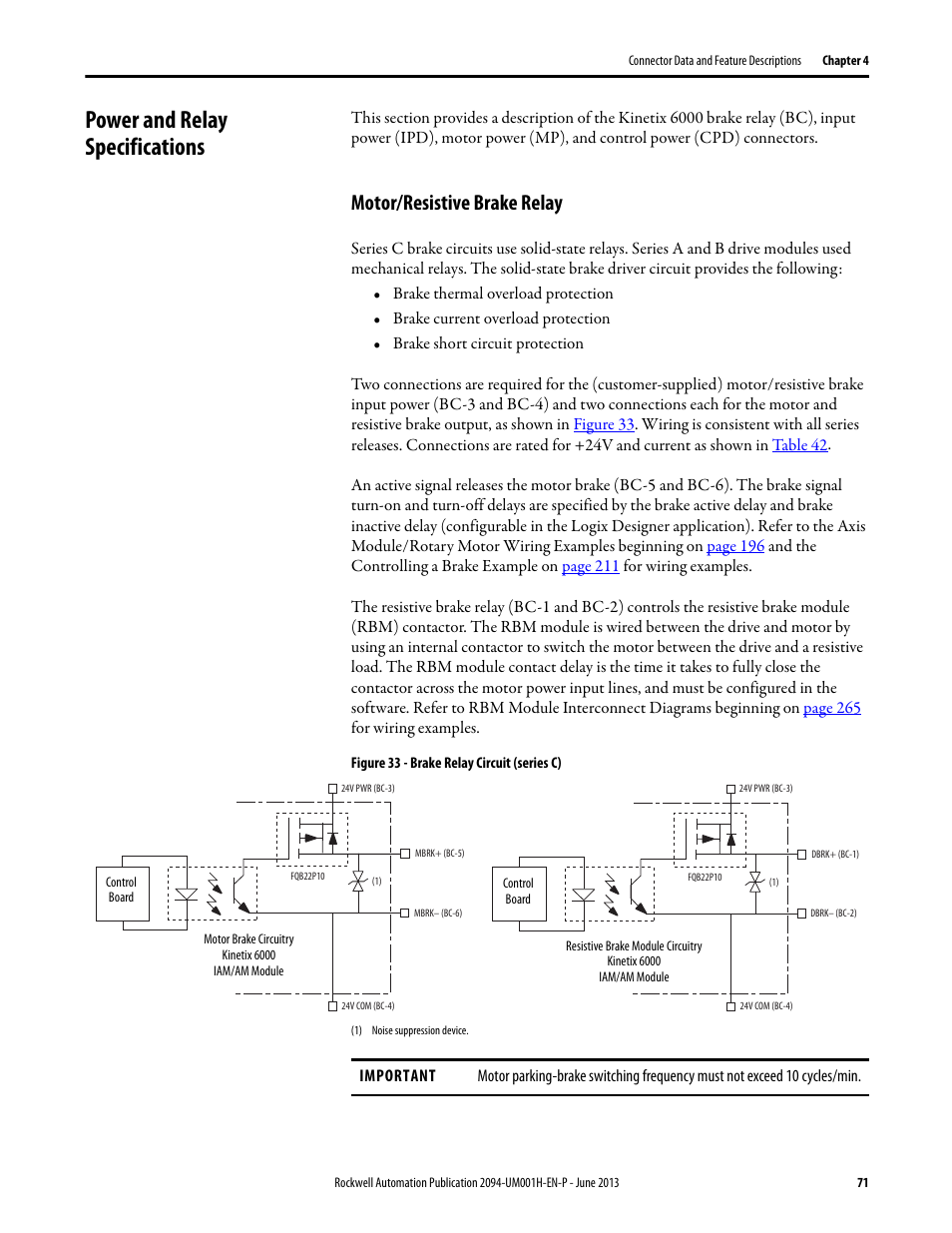 Power and relay specifications, Motor/resistive brake relay | Rockwell Automation 2094-xMxx-S Kinetix 6000 Multi-axis Servo Drives User Manual User Manual | Page 71 / 286