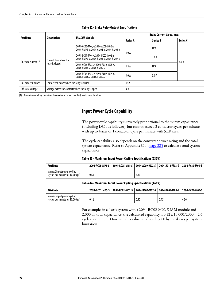 Input power cycle capability, Table 42 | Rockwell Automation 2094-xMxx-S Kinetix 6000 Multi-axis Servo Drives User Manual User Manual | Page 72 / 286