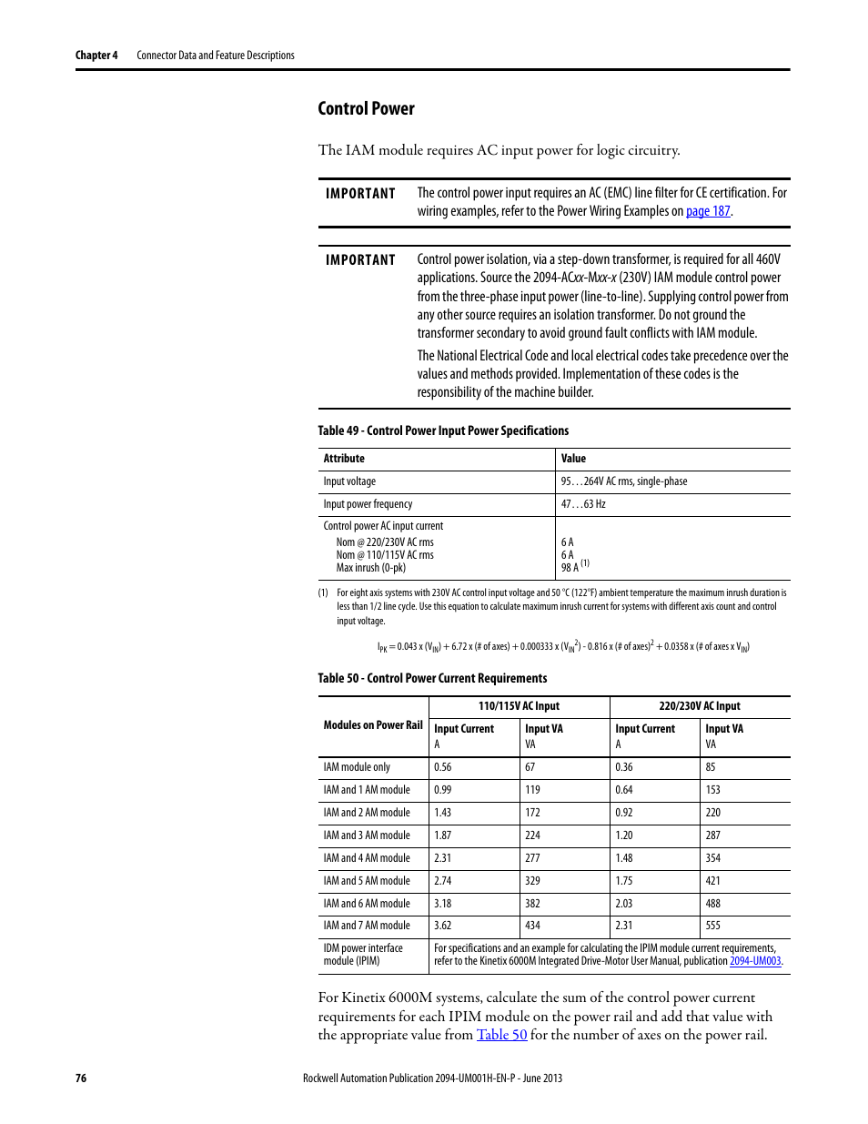 Control power | Rockwell Automation 2094-xMxx-S Kinetix 6000 Multi-axis Servo Drives User Manual User Manual | Page 76 / 286