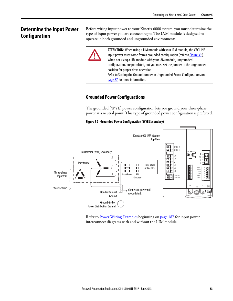 Determine the input power configuration, Grounded power configurations | Rockwell Automation 2094-xMxx-S Kinetix 6000 Multi-axis Servo Drives User Manual User Manual | Page 83 / 286