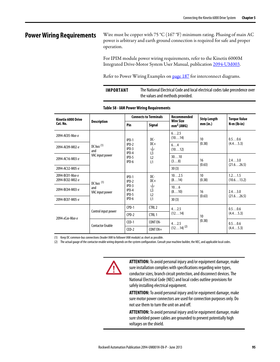 Power wiring requirements | Rockwell Automation 2094-xMxx-S Kinetix 6000 Multi-axis Servo Drives User Manual User Manual | Page 95 / 286