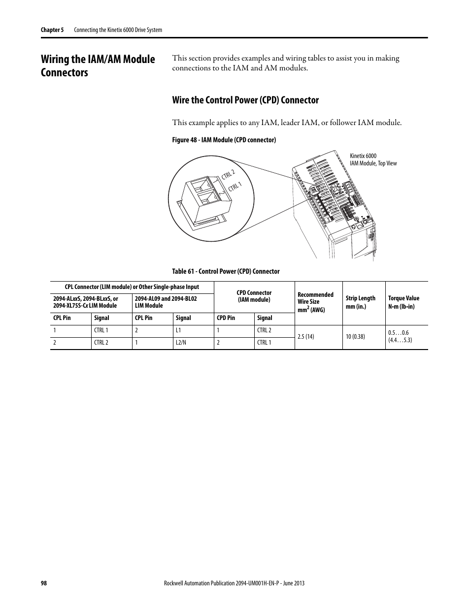 Wiring the iam/am module connectors, Wire the control power (cpd) connector | Rockwell Automation 2094-xMxx-S Kinetix 6000 Multi-axis Servo Drives User Manual User Manual | Page 98 / 286