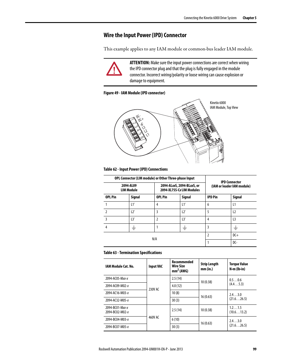 Wire the input power (ipd) connector | Rockwell Automation 2094-xMxx-S Kinetix 6000 Multi-axis Servo Drives User Manual User Manual | Page 99 / 286