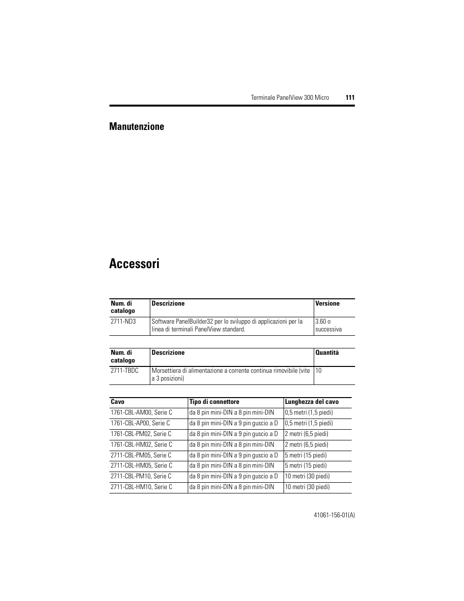 Manutenzione, Accessori | Rockwell Automation 2711-M3A18L1_M3A19L1 PanelView 300 Micro Terminals Installation Instructions User Manual | Page 111 / 116