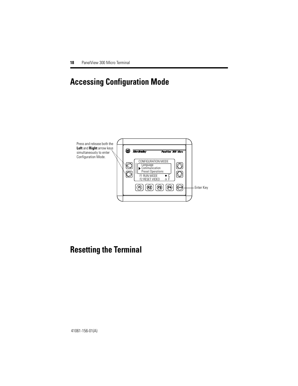 Accessing configuration mode, Resetting the terminal | Rockwell Automation 2711-M3A18L1_M3A19L1 PanelView 300 Micro Terminals Installation Instructions User Manual | Page 18 / 116