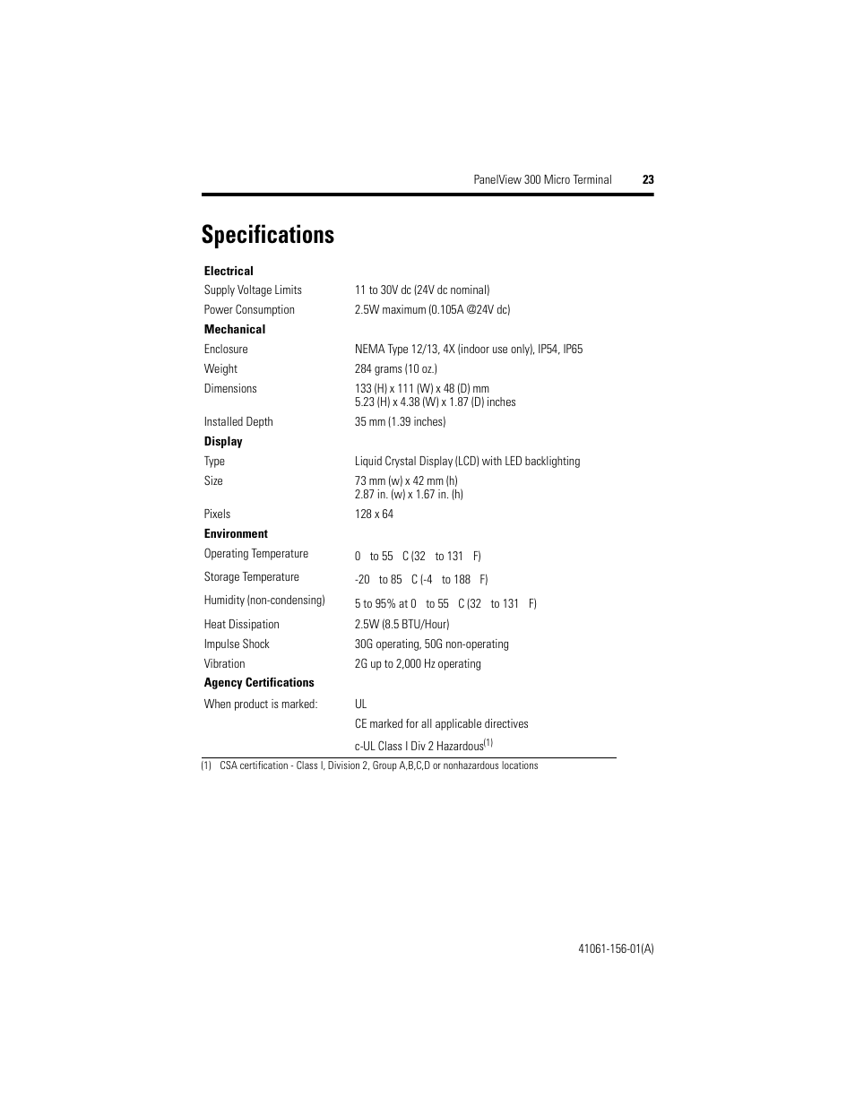 Specifications | Rockwell Automation 2711-M3A18L1_M3A19L1 PanelView 300 Micro Terminals Installation Instructions User Manual | Page 23 / 116