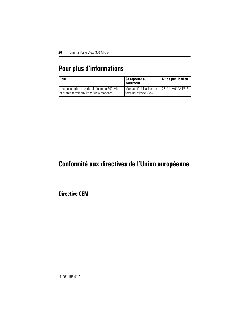 Pour plus d’informations, Conformité aux directives de l’union européenne, Directive cem | Rockwell Automation 2711-M3A18L1_M3A19L1 PanelView 300 Micro Terminals Installation Instructions User Manual | Page 26 / 116