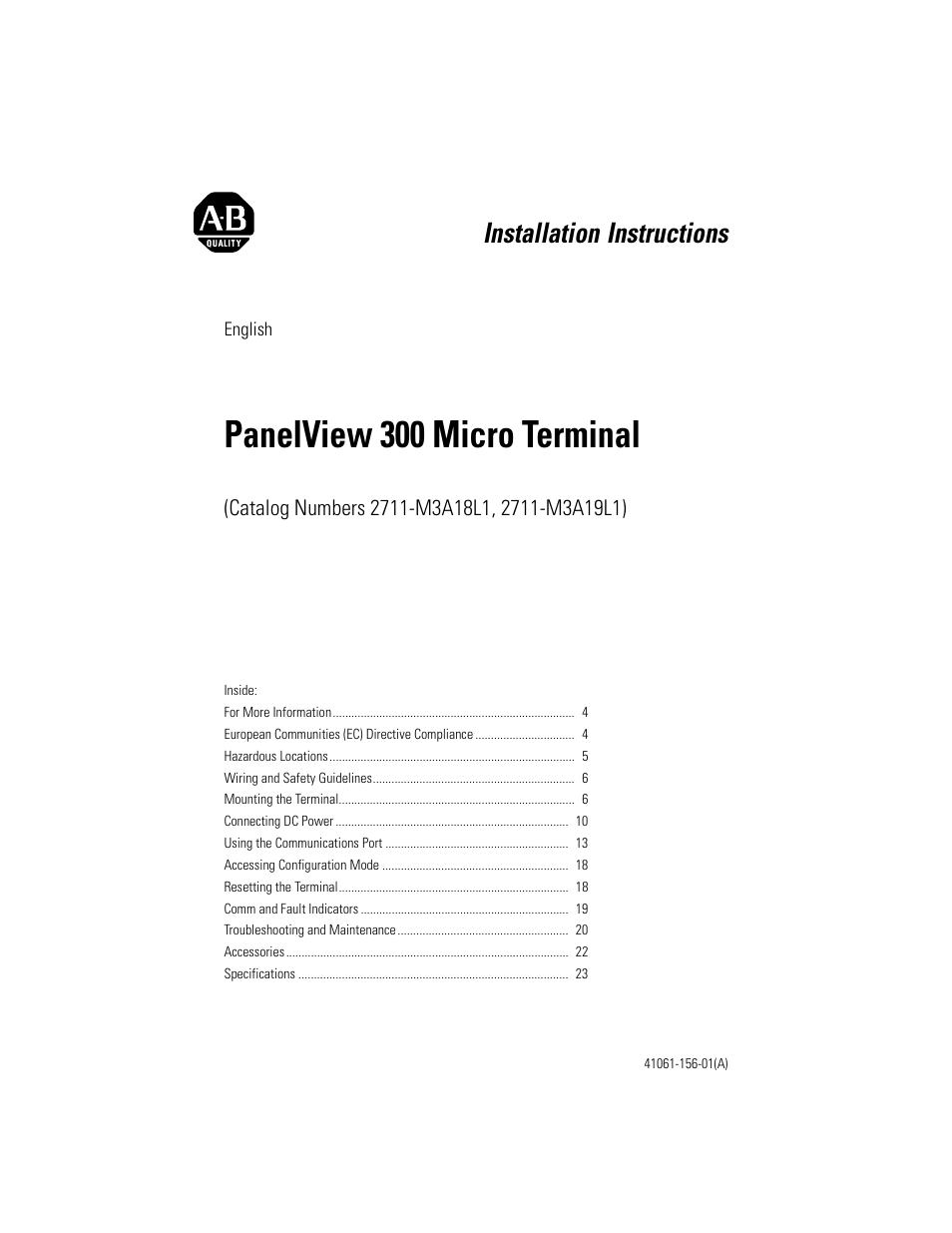 English, Panelview 300 micro terminal, Installation instructions | Rockwell Automation 2711-M3A18L1_M3A19L1 PanelView 300 Micro Terminals Installation Instructions User Manual | Page 3 / 116