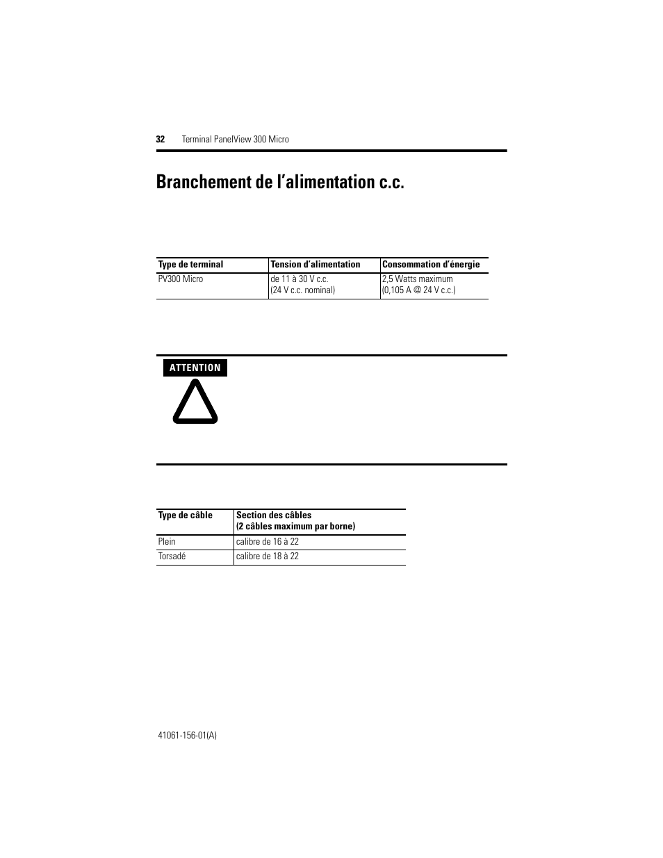Branchement de l’alimentation c.c | Rockwell Automation 2711-M3A18L1_M3A19L1 PanelView 300 Micro Terminals Installation Instructions User Manual | Page 32 / 116