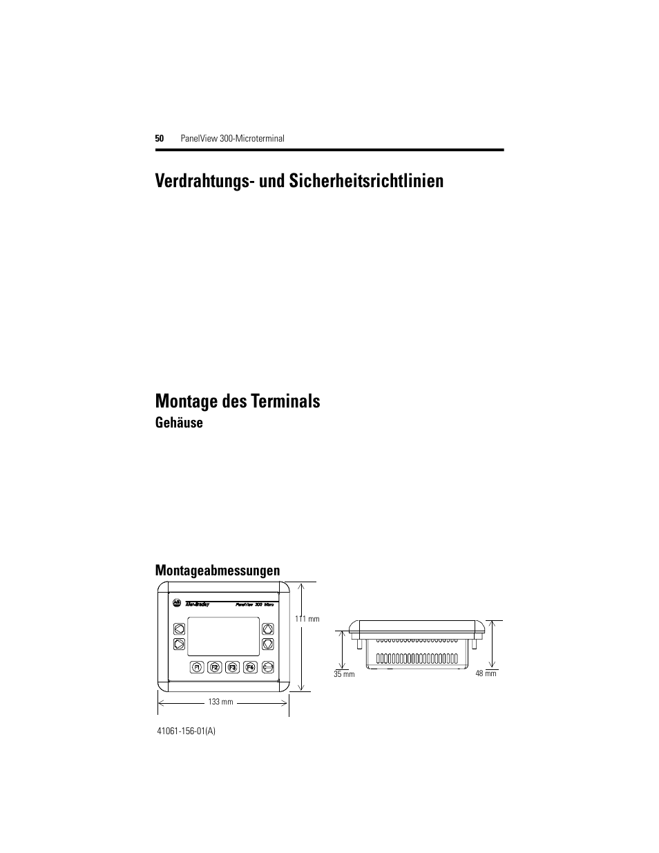 Verdrahtungs- und sicherheitsrichtlinien, Montage des terminals, Gehäuse | Montageabmessungen | Rockwell Automation 2711-M3A18L1_M3A19L1 PanelView 300 Micro Terminals Installation Instructions User Manual | Page 50 / 116