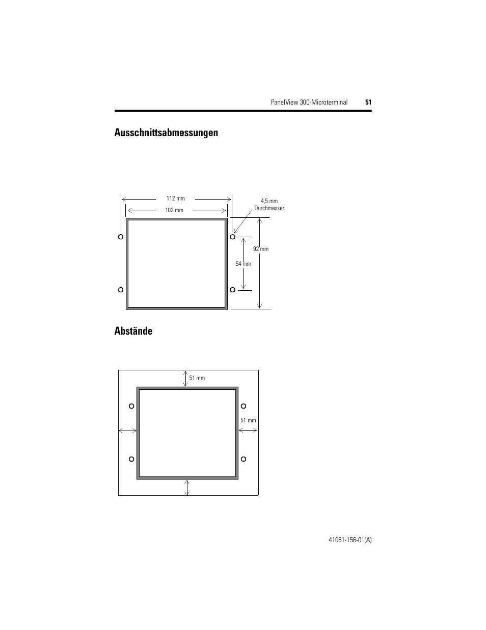 Ausschnittsabmessungen, Abstände | Rockwell Automation 2711-M3A18L1_M3A19L1 PanelView 300 Micro Terminals Installation Instructions User Manual | Page 51 / 116