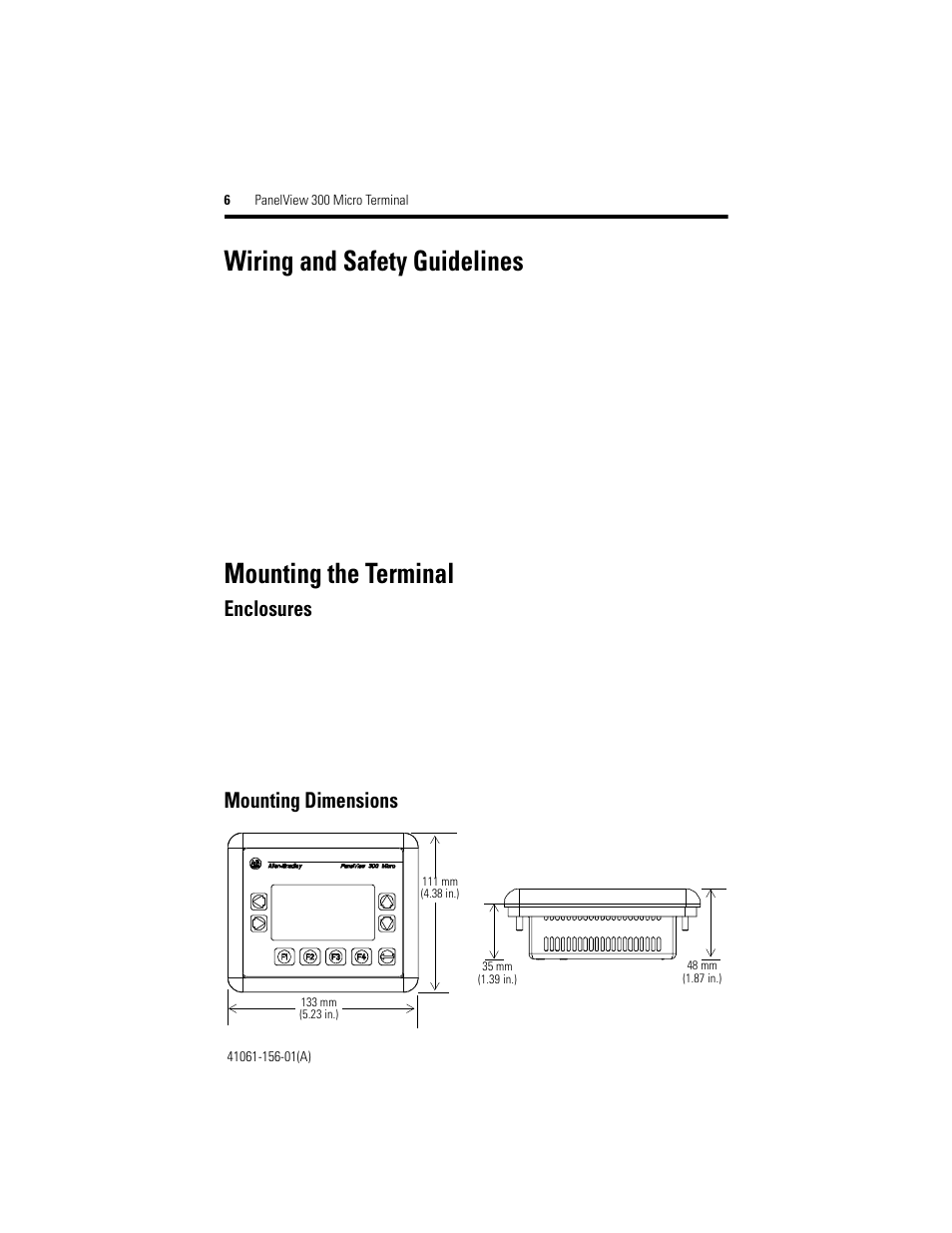 Wiring and safety guidelines, Mounting the terminal, Enclosures | Mounting dimensions | Rockwell Automation 2711-M3A18L1_M3A19L1 PanelView 300 Micro Terminals Installation Instructions User Manual | Page 6 / 116