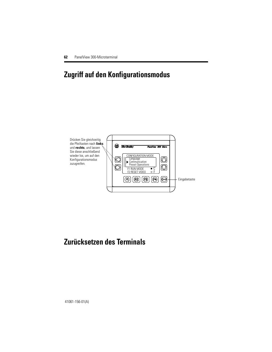 Zugriff auf den konfigurationsmodus, Zurücksetzen des terminals | Rockwell Automation 2711-M3A18L1_M3A19L1 PanelView 300 Micro Terminals Installation Instructions User Manual | Page 62 / 116