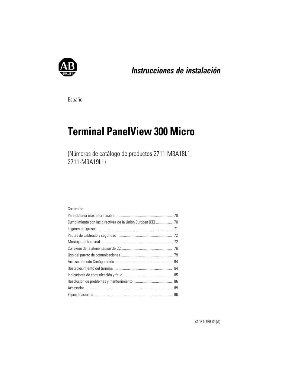 Español, Terminal panelview 300 micro, Instrucciones de instalación | Rockwell Automation 2711-M3A18L1_M3A19L1 PanelView 300 Micro Terminals Installation Instructions User Manual | Page 69 / 116
