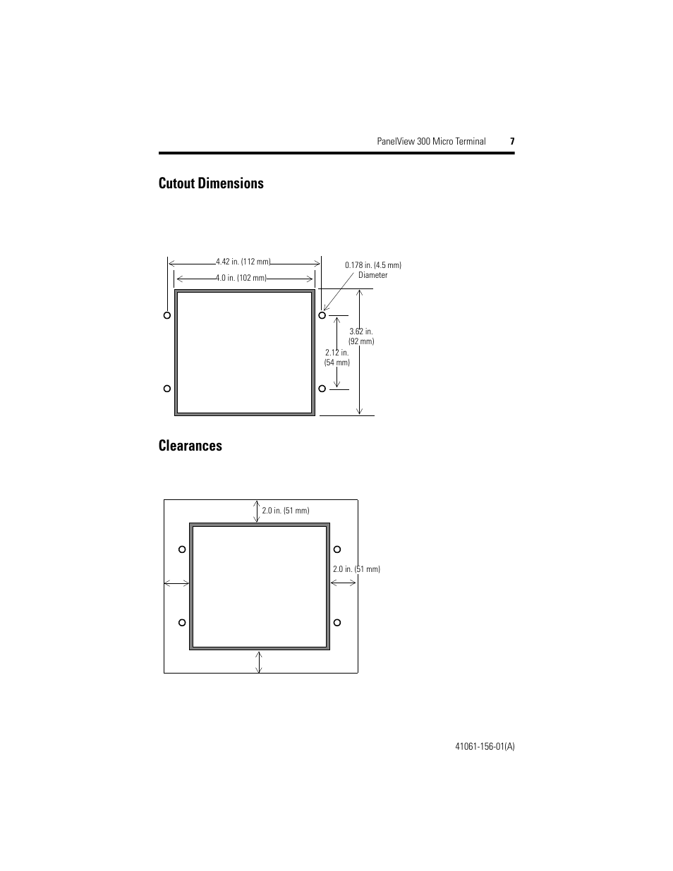 Cutout dimensions, Clearances | Rockwell Automation 2711-M3A18L1_M3A19L1 PanelView 300 Micro Terminals Installation Instructions User Manual | Page 7 / 116