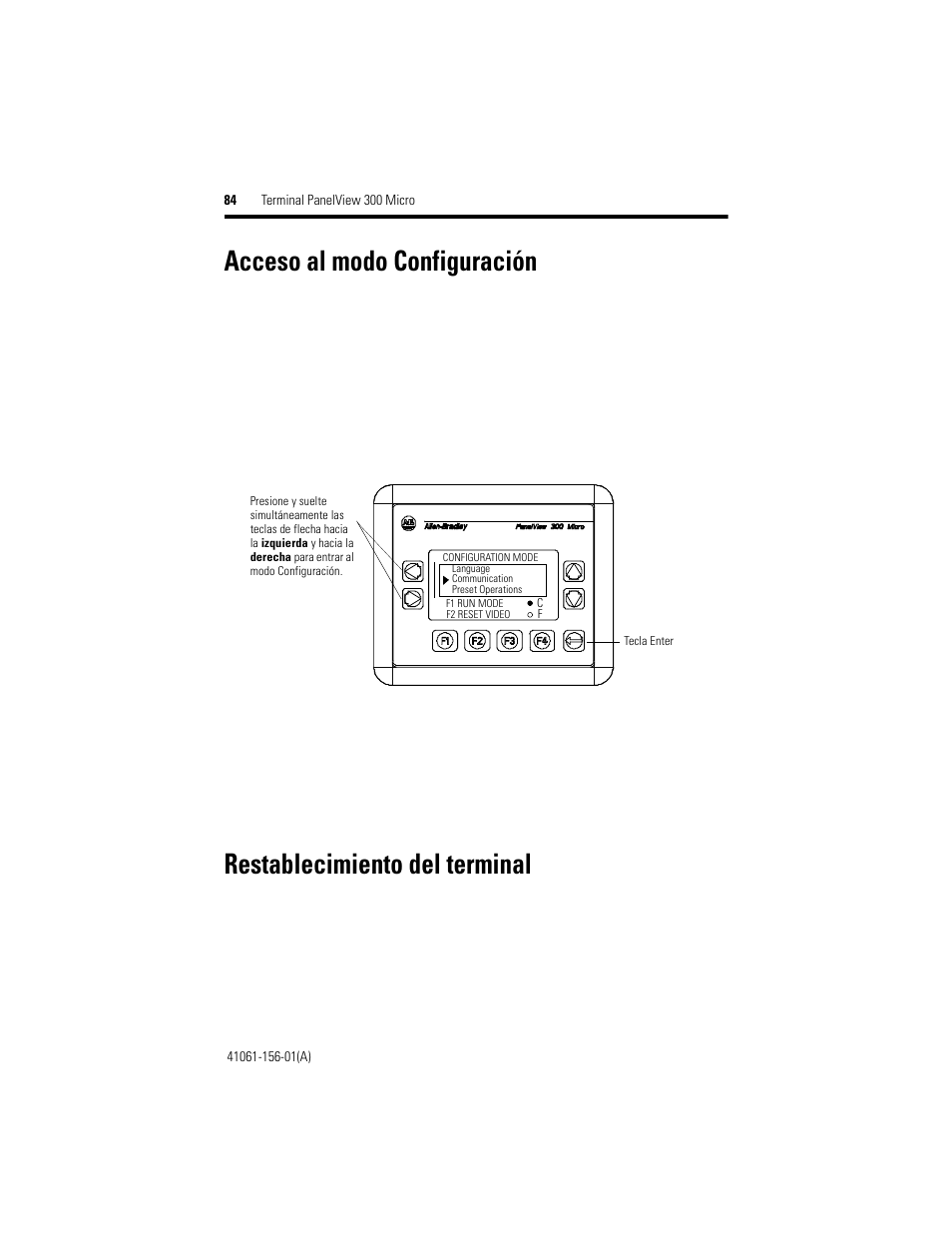 Acceso al modo configuración, Restablecimiento del terminal | Rockwell Automation 2711-M3A18L1_M3A19L1 PanelView 300 Micro Terminals Installation Instructions User Manual | Page 84 / 116