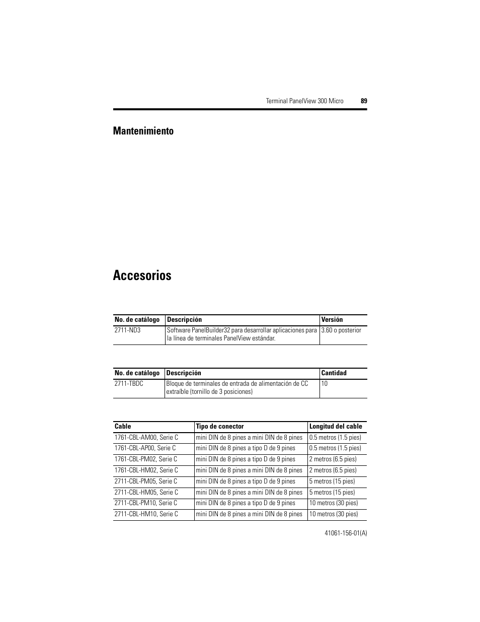 Mantenimiento, Accesorios | Rockwell Automation 2711-M3A18L1_M3A19L1 PanelView 300 Micro Terminals Installation Instructions User Manual | Page 89 / 116