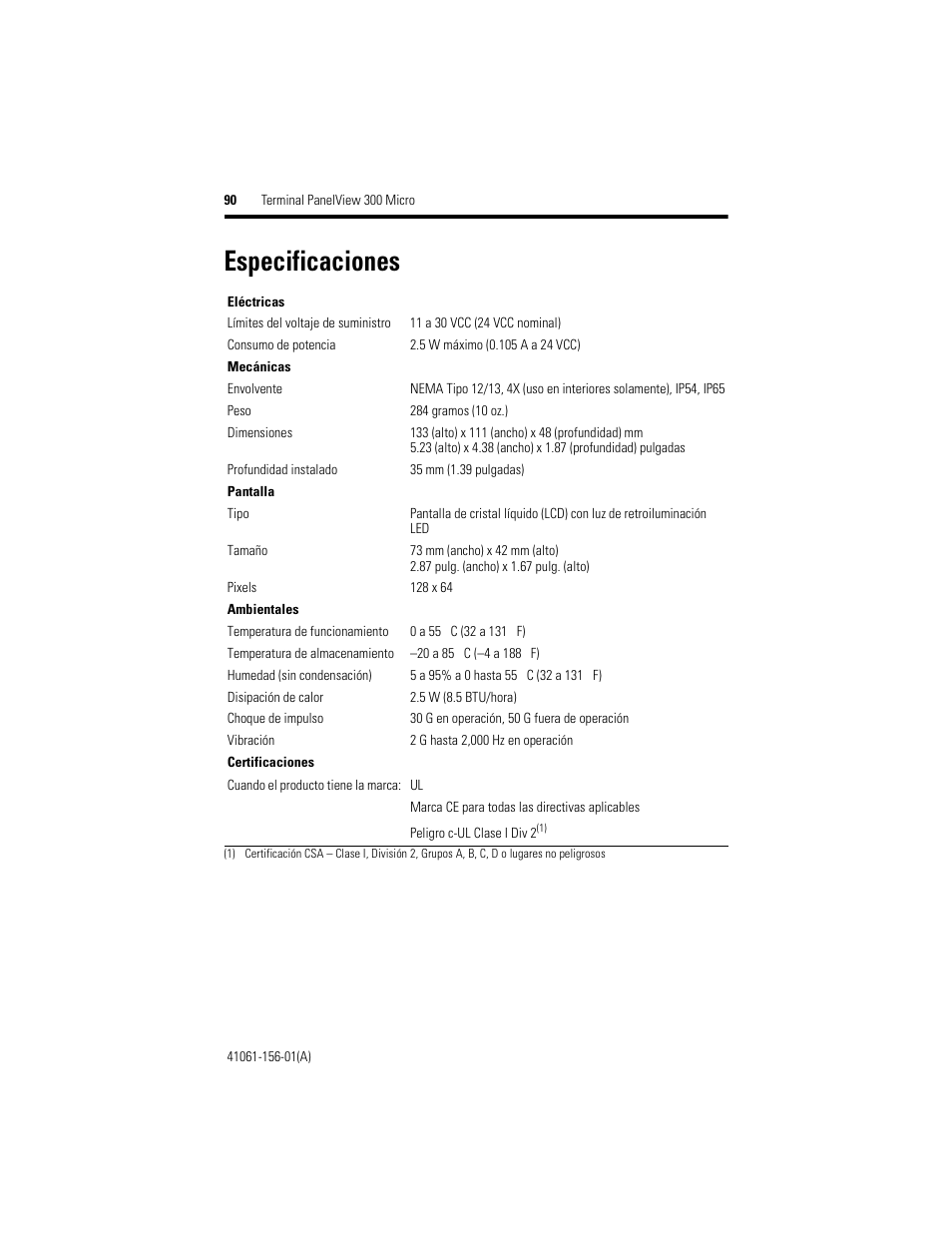 Especificaciones | Rockwell Automation 2711-M3A18L1_M3A19L1 PanelView 300 Micro Terminals Installation Instructions User Manual | Page 90 / 116