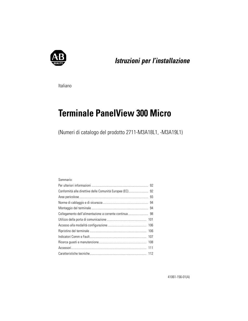 Italiano, Terminale panelview 300 micro, Istruzioni per l’installazione | Rockwell Automation 2711-M3A18L1_M3A19L1 PanelView 300 Micro Terminals Installation Instructions User Manual | Page 91 / 116