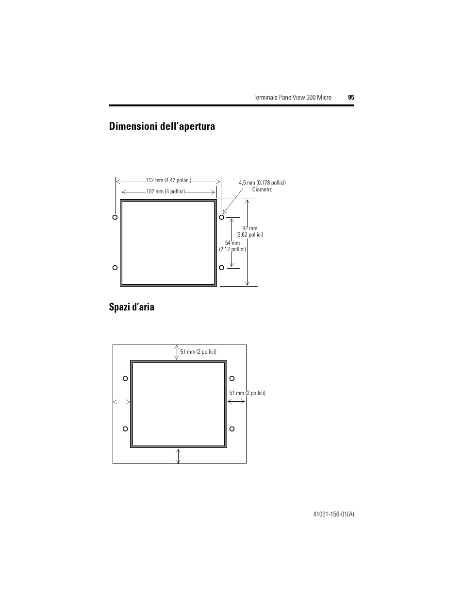 Dimensioni dell’apertura, Spazi d’aria | Rockwell Automation 2711-M3A18L1_M3A19L1 PanelView 300 Micro Terminals Installation Instructions User Manual | Page 95 / 116