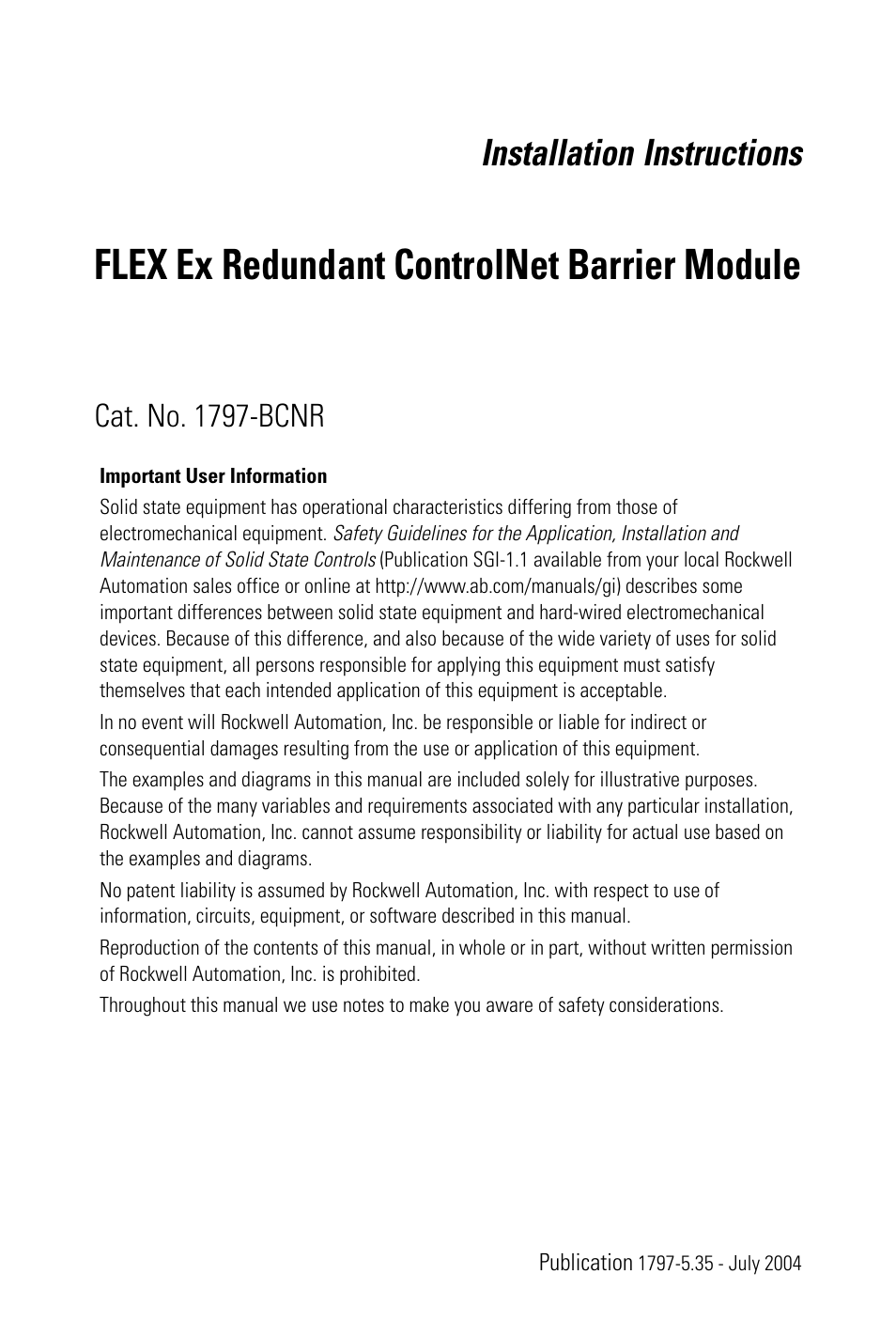 Rockwell Automation 1797-BCNR FLEX Ex Redundant ControlNet Barrier Module User Manual | 24 pages