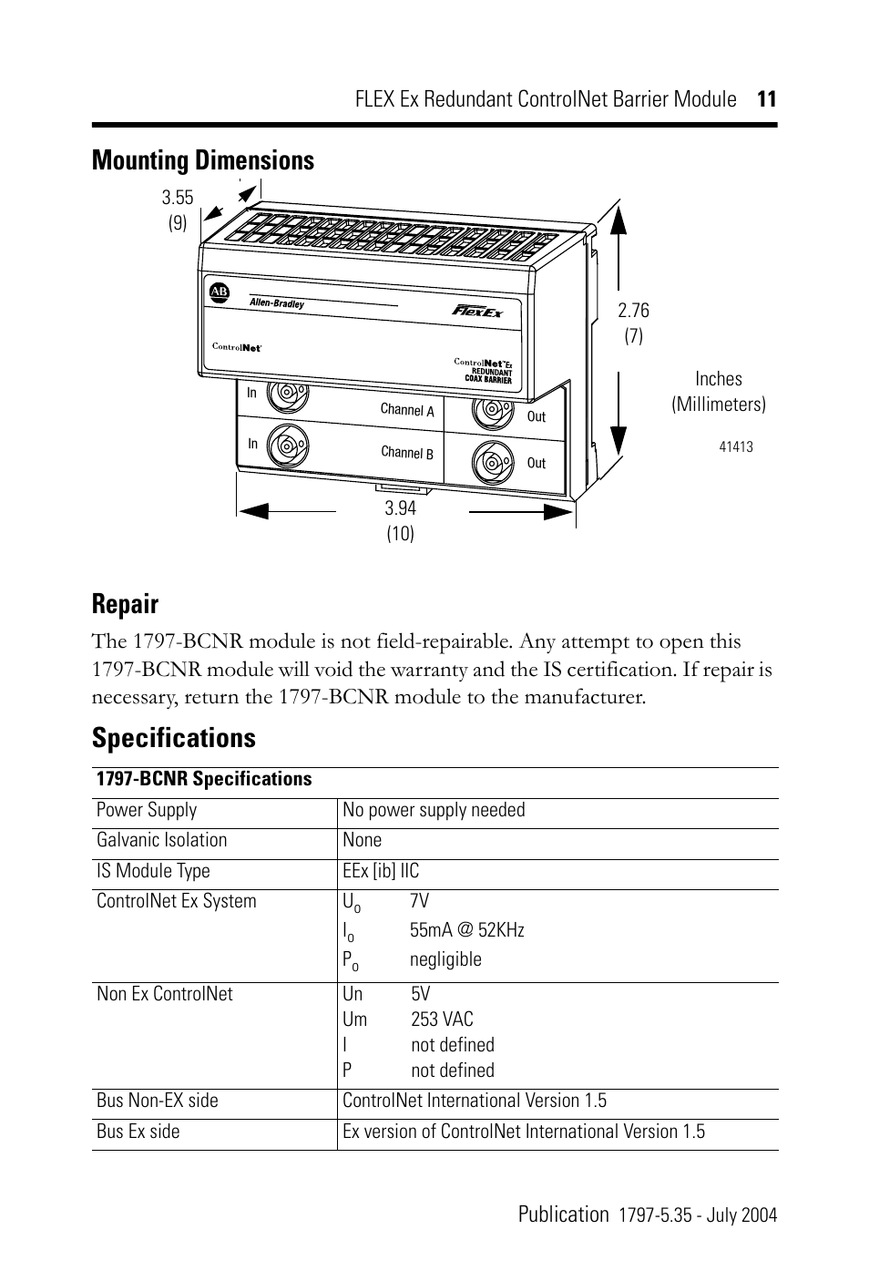 Mounting dimensions, Repair, Mounting dimensions repair | Specifications | Rockwell Automation 1797-BCNR FLEX Ex Redundant ControlNet Barrier Module User Manual | Page 11 / 24