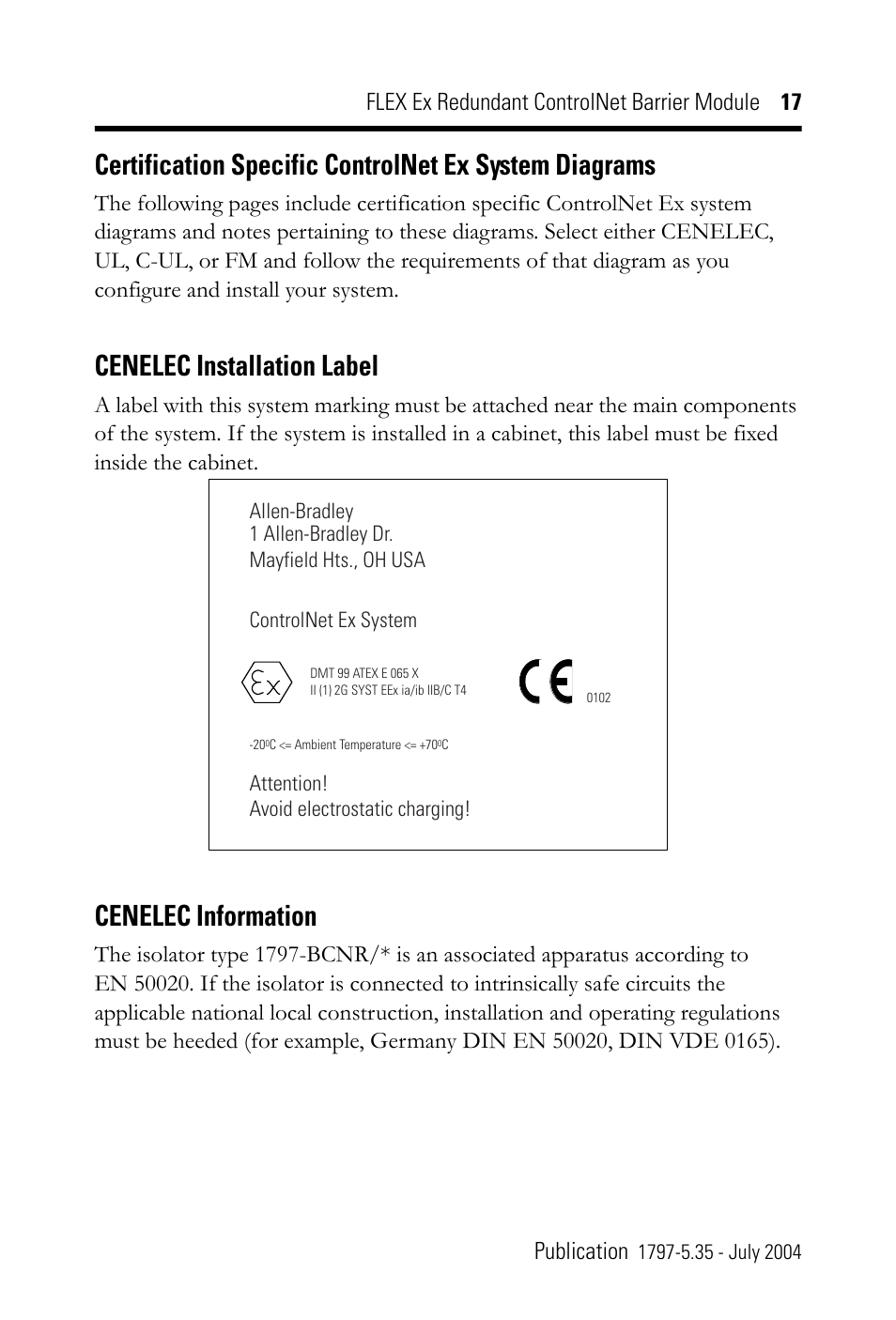 Cenelec installation label, Cenelec information | Rockwell Automation 1797-BCNR FLEX Ex Redundant ControlNet Barrier Module User Manual | Page 17 / 24