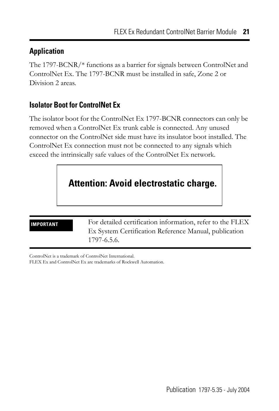 Attention: avoid electrostatic charge | Rockwell Automation 1797-BCNR FLEX Ex Redundant ControlNet Barrier Module User Manual | Page 21 / 24
