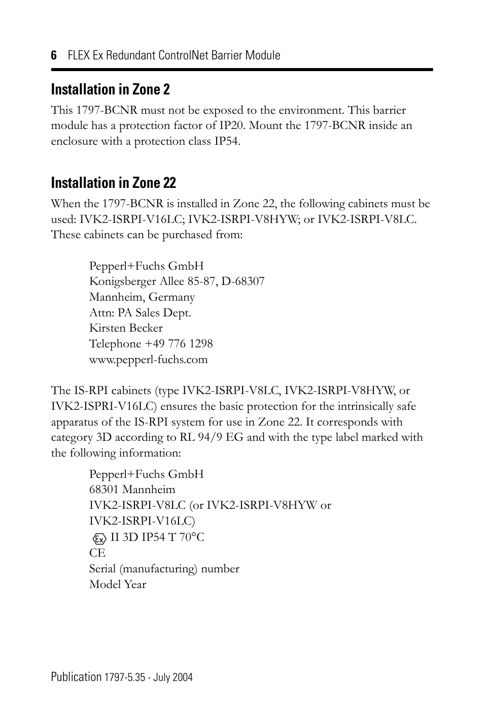 Installation in zone 2, Installation in zone 22 | Rockwell Automation 1797-BCNR FLEX Ex Redundant ControlNet Barrier Module User Manual | Page 6 / 24