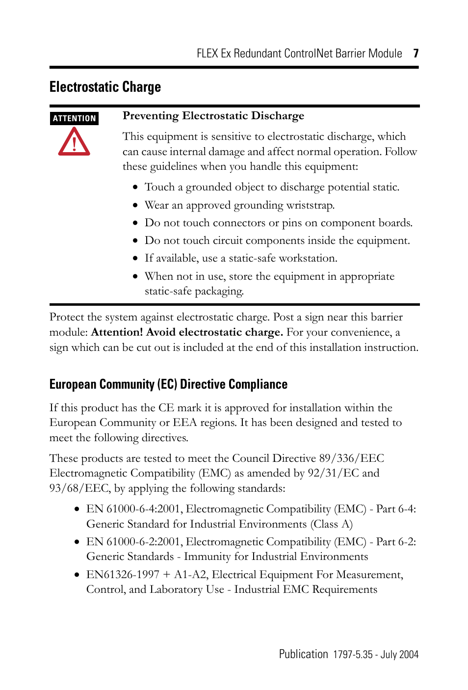 Electrostatic charge | Rockwell Automation 1797-BCNR FLEX Ex Redundant ControlNet Barrier Module User Manual | Page 7 / 24