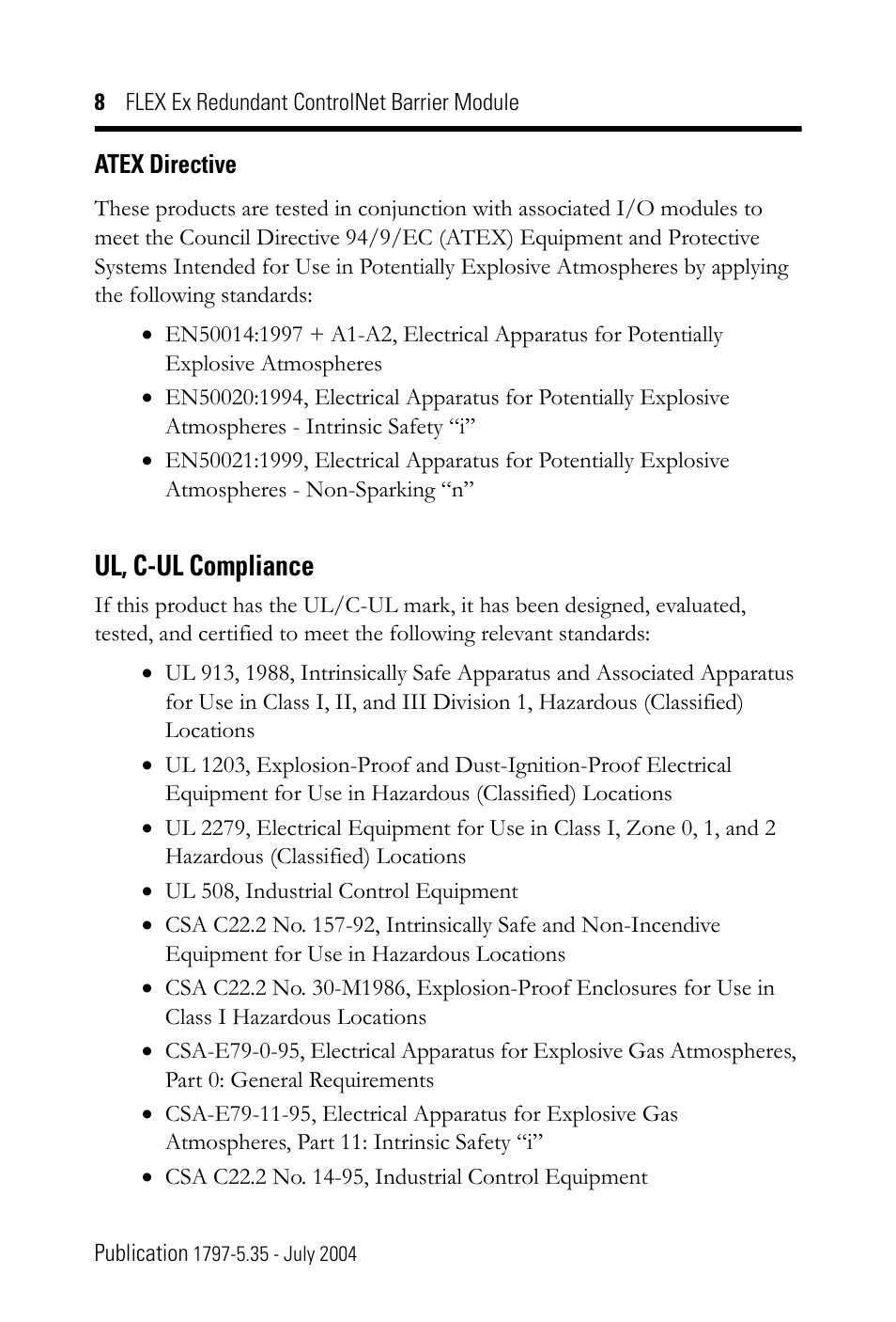 Ul, c-ul compliance | Rockwell Automation 1797-BCNR FLEX Ex Redundant ControlNet Barrier Module User Manual | Page 8 / 24