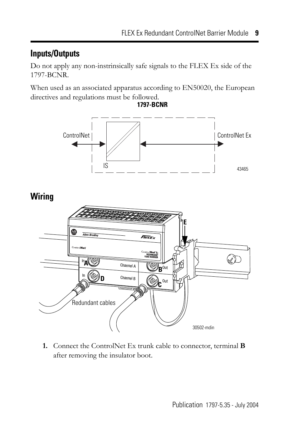 Inputs/outputs, Wiring | Rockwell Automation 1797-BCNR FLEX Ex Redundant ControlNet Barrier Module User Manual | Page 9 / 24