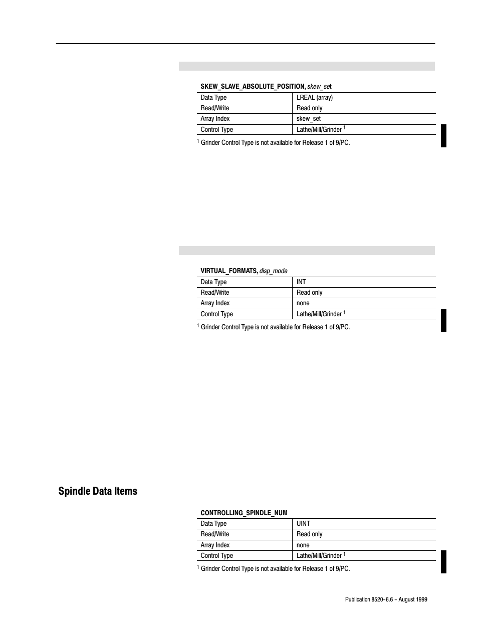 Spindle data items | Rockwell Automation 8520-9API 9/Series OCI API Developer's Guide User Manual | Page 107 / 263