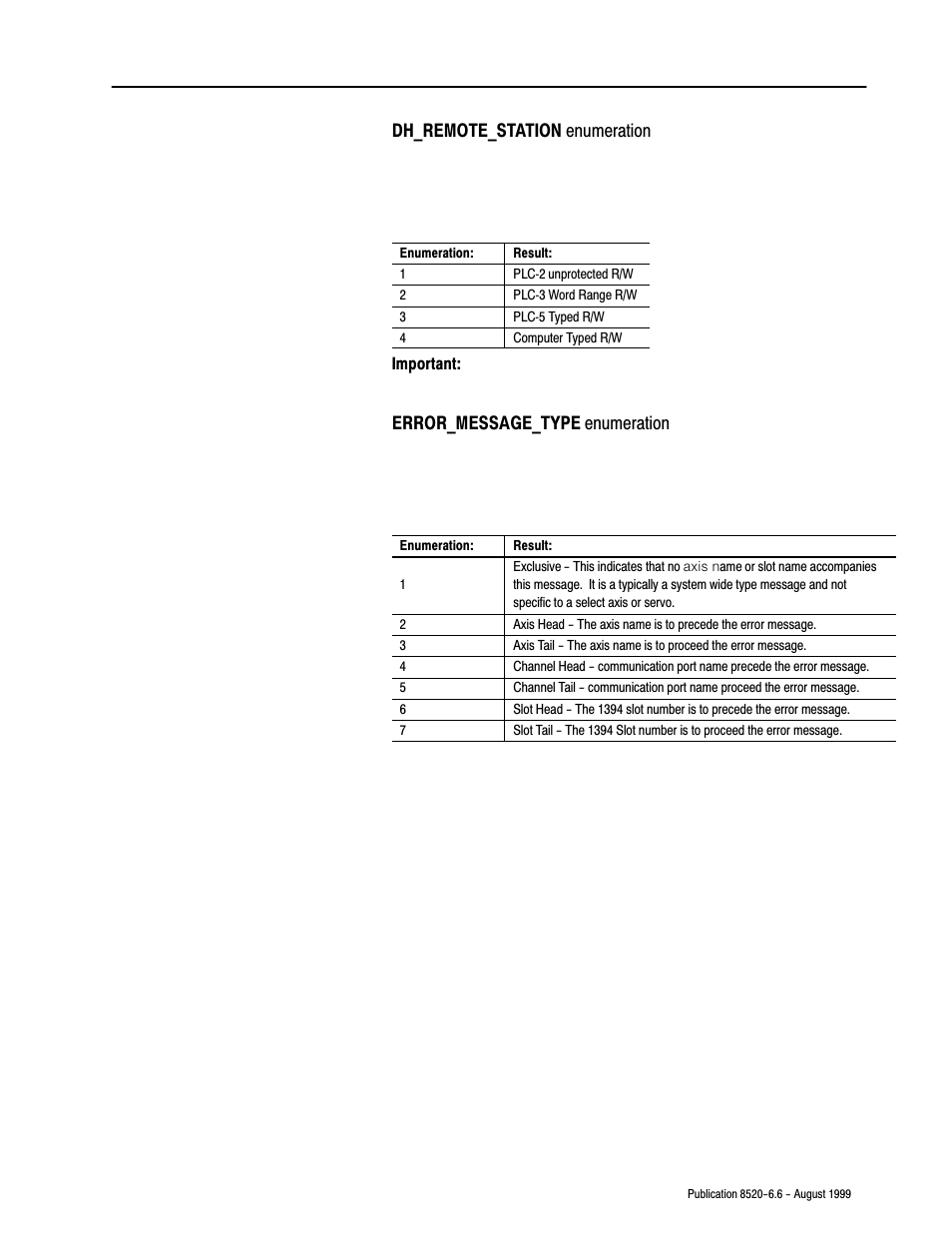 Dh_remote_station enumeration, Error_message_type enumeration | Rockwell Automation 8520-9API 9/Series OCI API Developer's Guide User Manual | Page 175 / 263