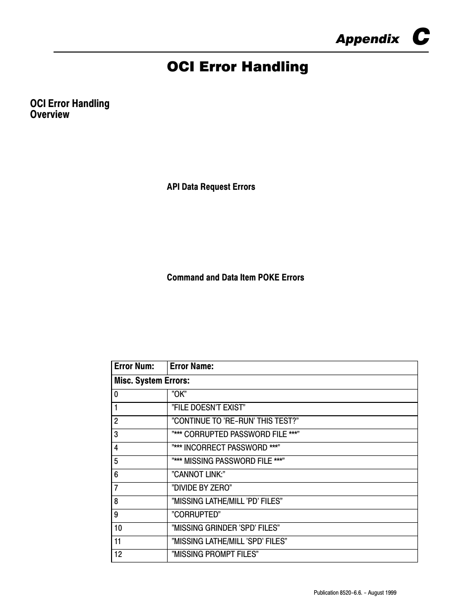 C - oci error handling, Oci error handling overview, Oci error handling | Appendix | Rockwell Automation 8520-9API 9/Series OCI API Developer's Guide User Manual | Page 216 / 263