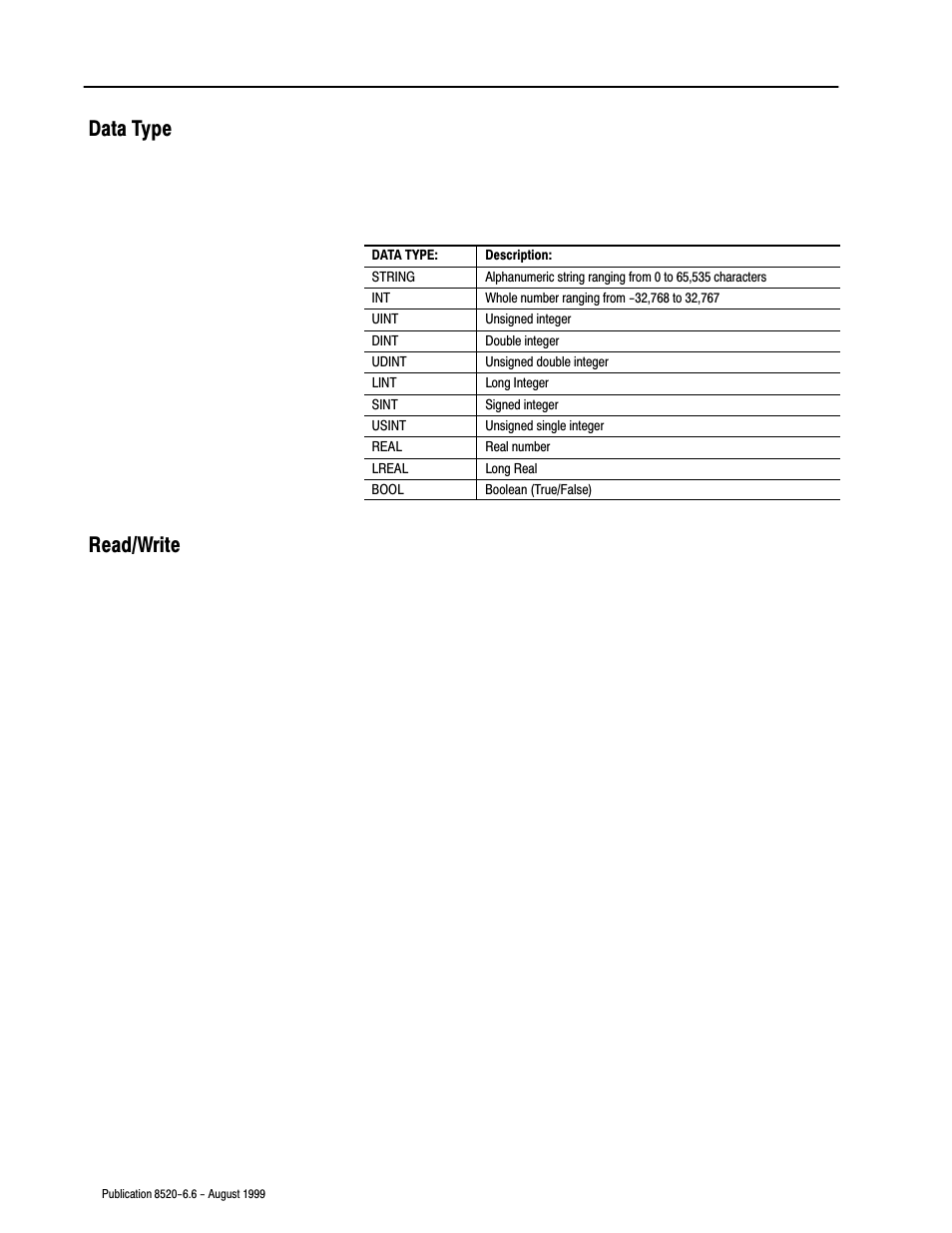 Data type, Read/write, Data type read/write | Rockwell Automation 8520-9API 9/Series OCI API Developer's Guide User Manual | Page 50 / 263
