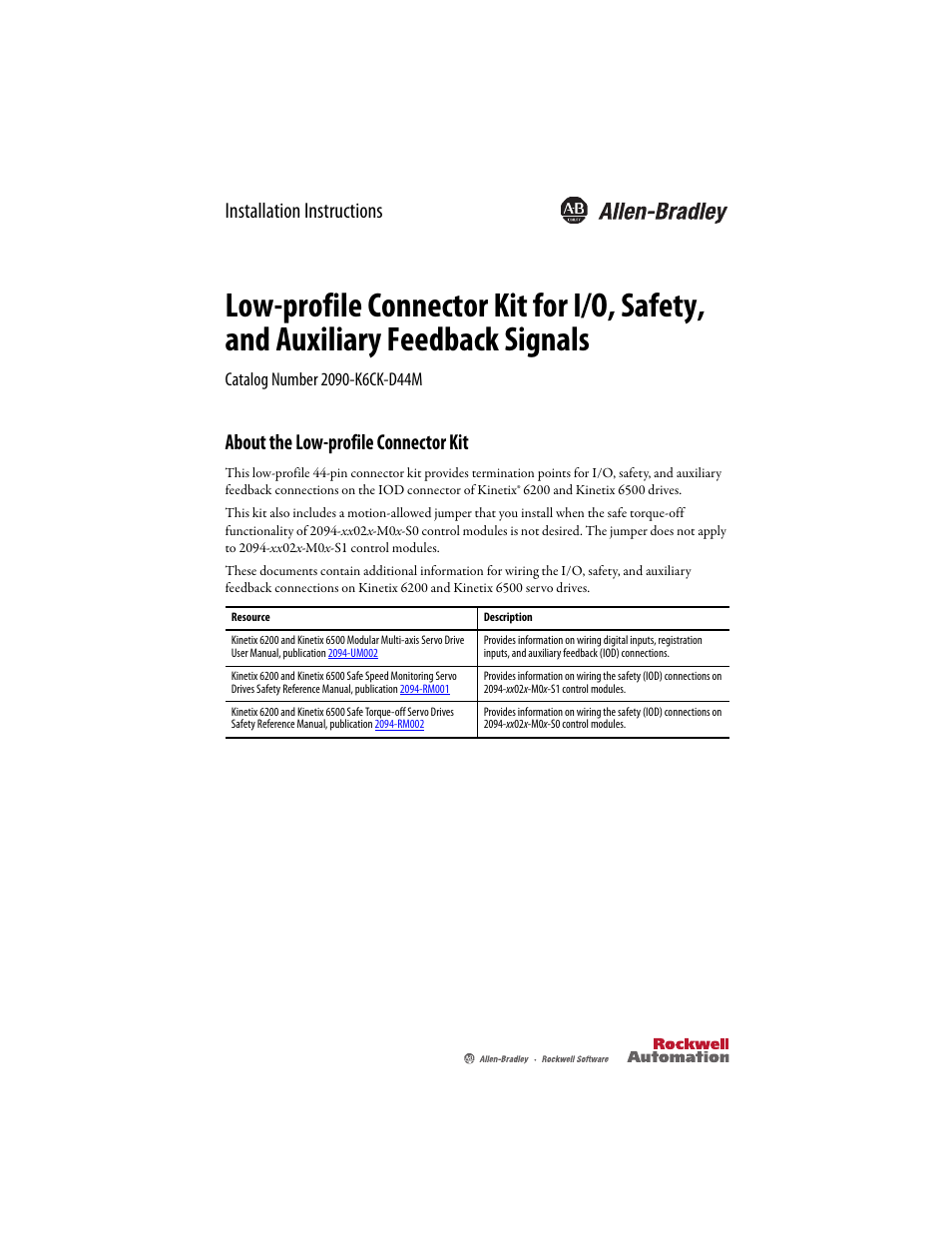 Rockwell Automation 2094-K6CK-D44M Low-profile Connector Kit for I/O, Safety, and Auxiliary Feedback User Manual | 4 pages