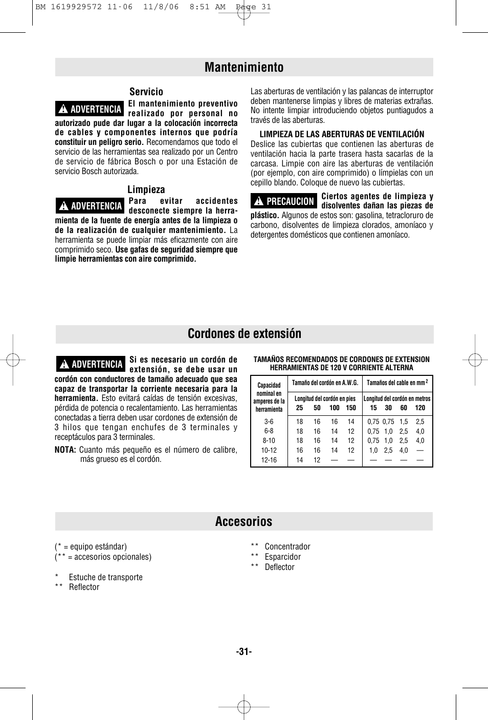 Accesorios, Mantenimiento, Cordones de extensión | Servicio, Limpieza | Bosch 1944LCD User Manual | Page 31 / 32