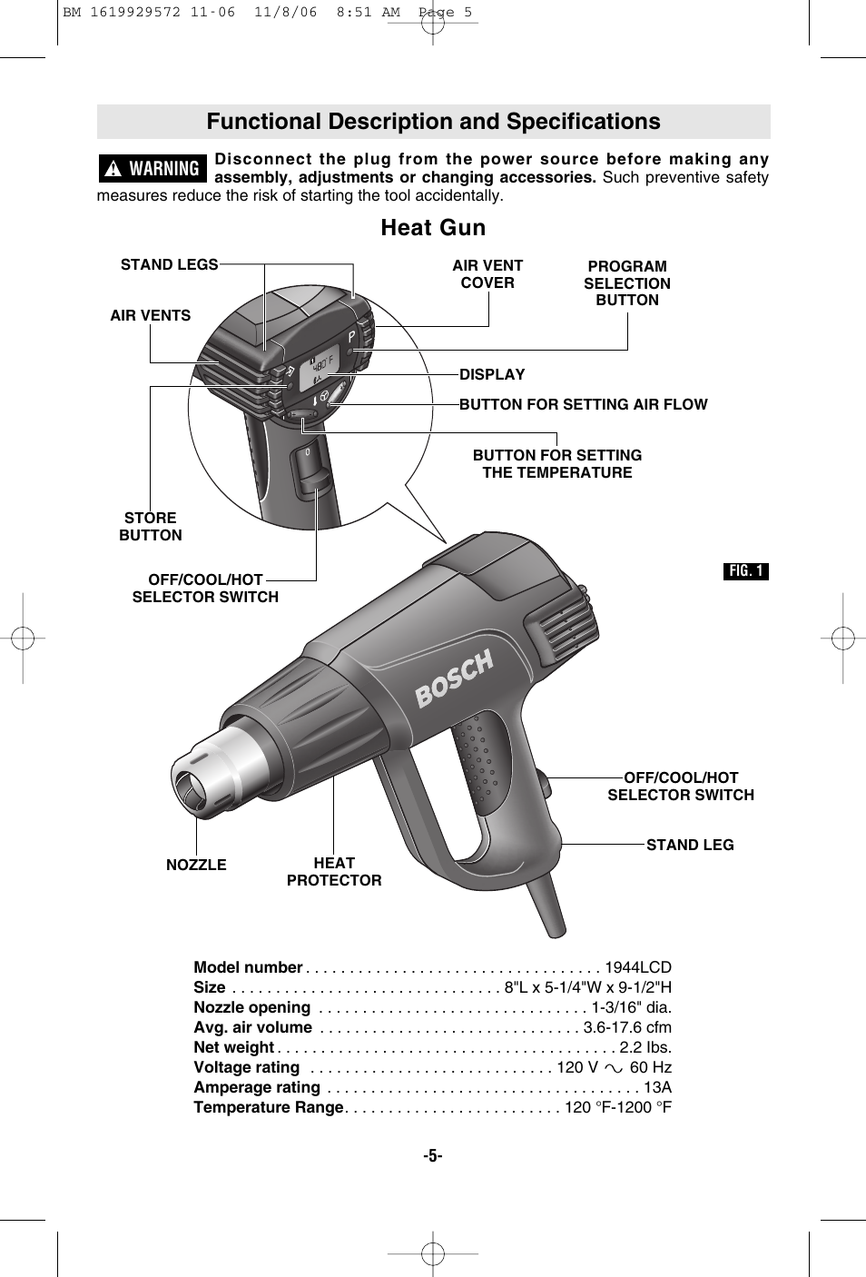 Functional description and specifications, Heat gun | Bosch 1944LCD User Manual | Page 5 / 32
