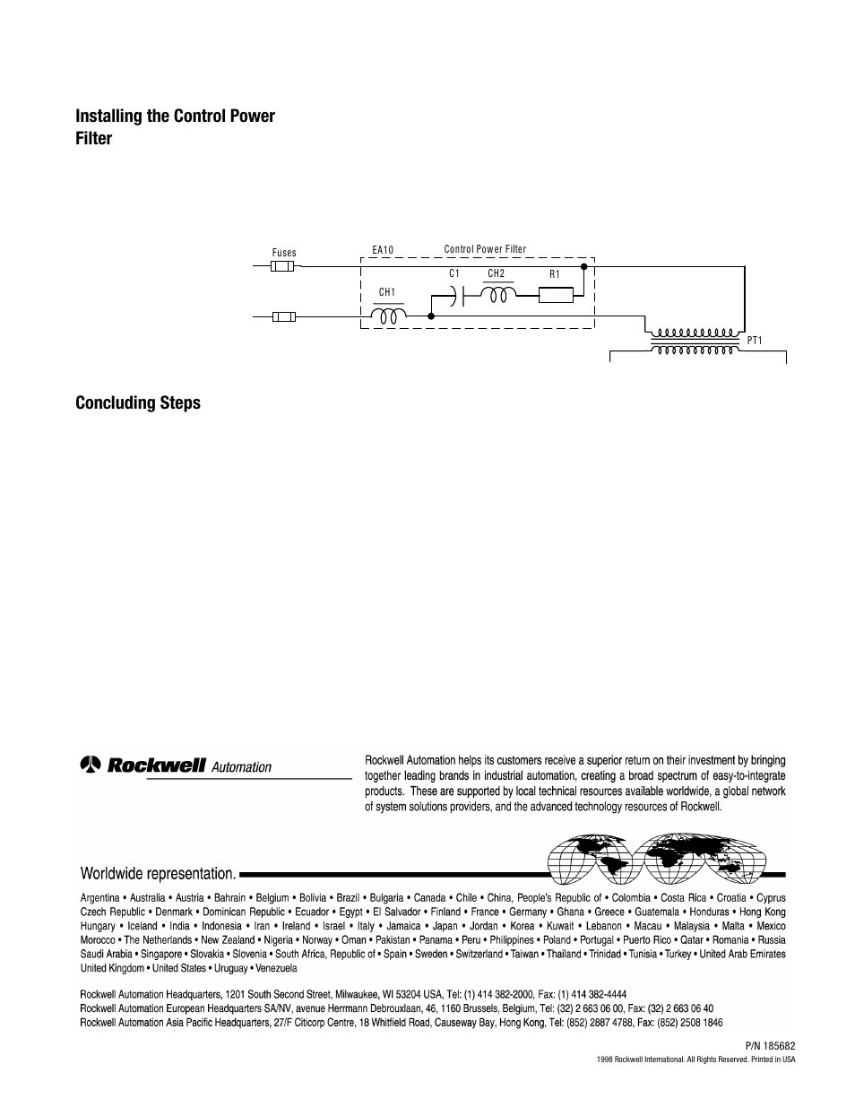 Installing the control power filter, Concluding steps | Rockwell Automation 2364,2364F,2364P RGU Control Power Filter Replacement User Manual | Page 4 / 4