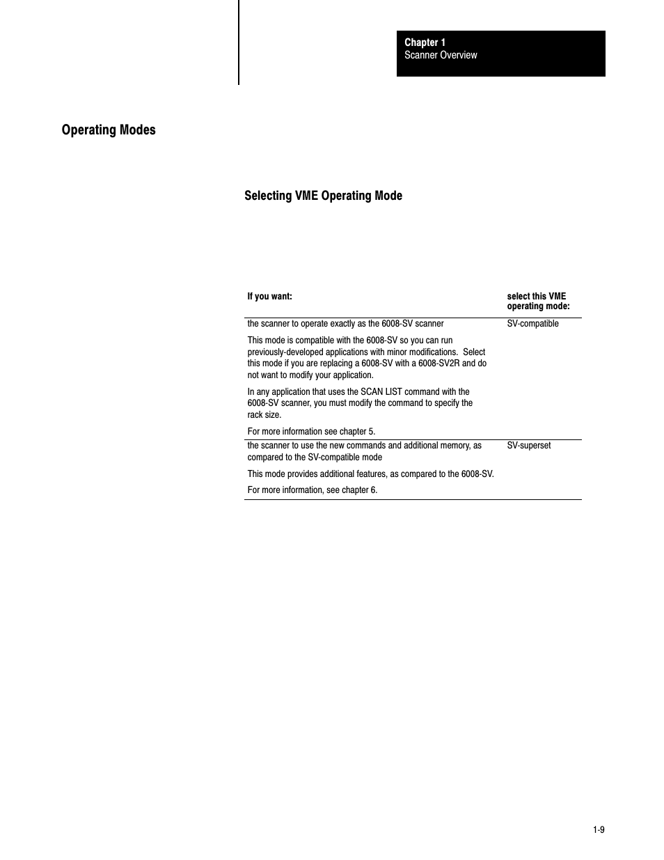 Operating modes | Rockwell Automation 6008-SV2R VMEbus remote I/O Scanner User Manual | Page 17 / 194