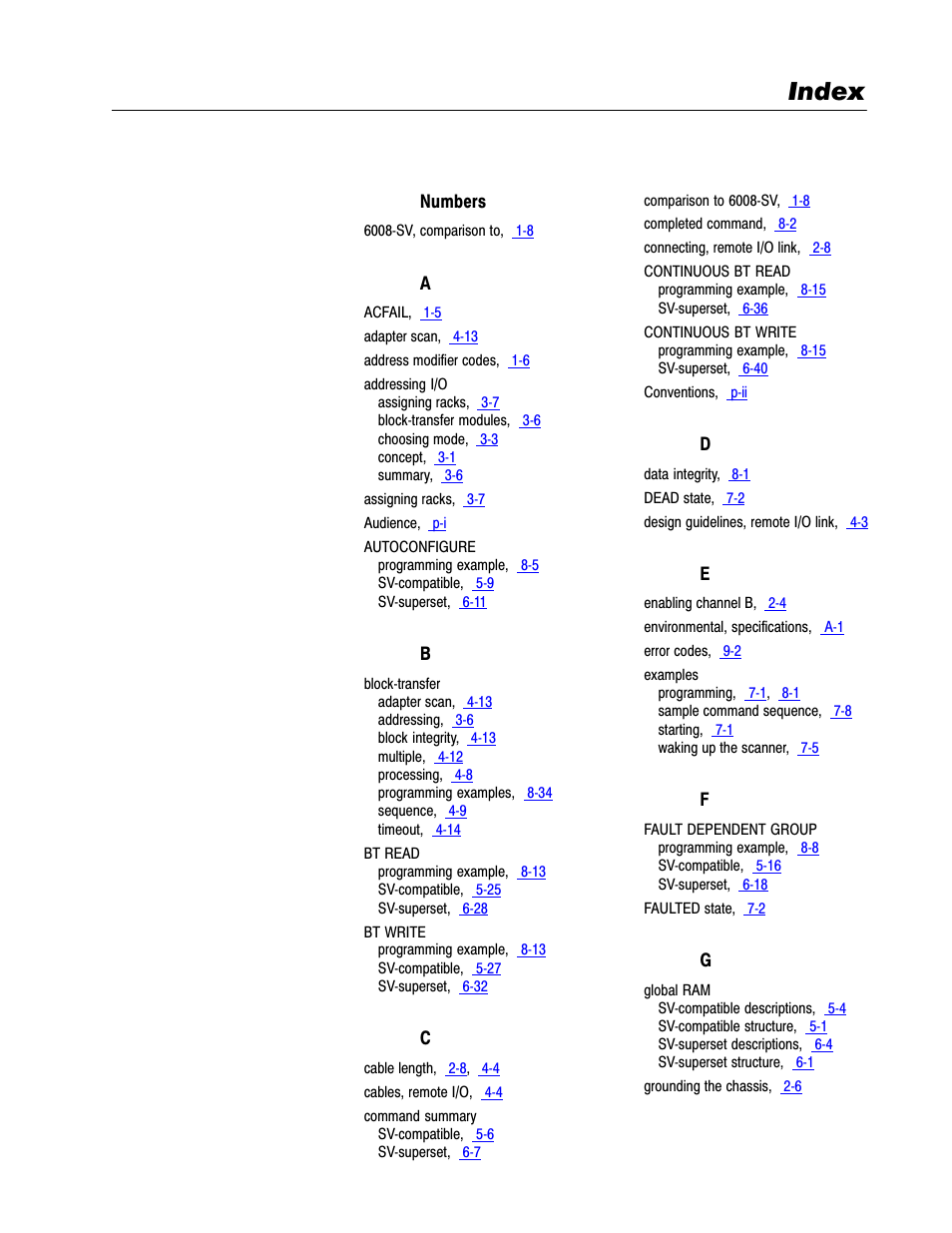 Index | Rockwell Automation 6008-SV2R VMEbus remote I/O Scanner User Manual | Page 190 / 194