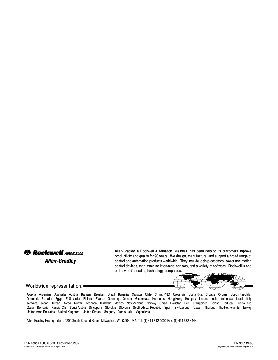 Back cover, Worldwide representation | Rockwell Automation 6008-SV2R VMEbus remote I/O Scanner User Manual | Page 194 / 194