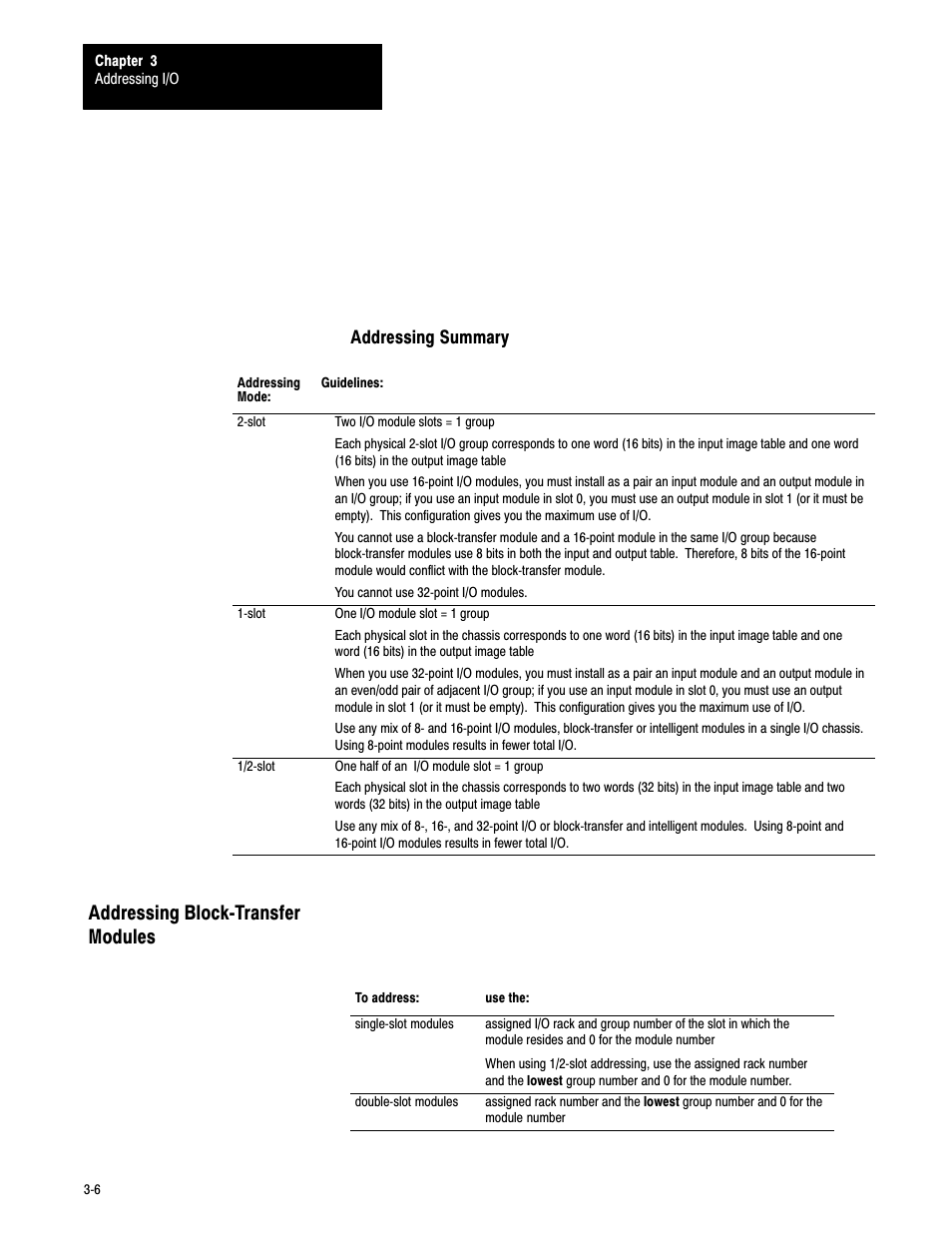 Addressing blockćtransfer modules, Addressing summary | Rockwell Automation 6008-SV2R VMEbus remote I/O Scanner User Manual | Page 35 / 194