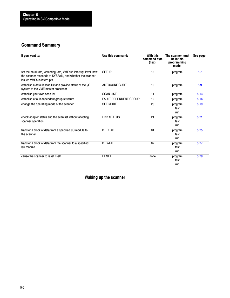 Command summary, Waking up the scanner | Rockwell Automation 6008-SV2R VMEbus remote I/O Scanner User Manual | Page 57 / 194