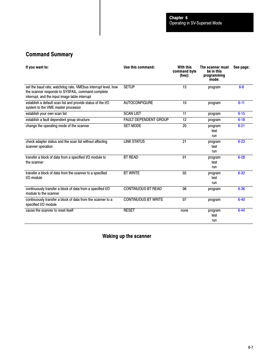 Command summary, Waking up the scanner | Rockwell Automation 6008-SV2R VMEbus remote I/O Scanner User Manual | Page 88 / 194