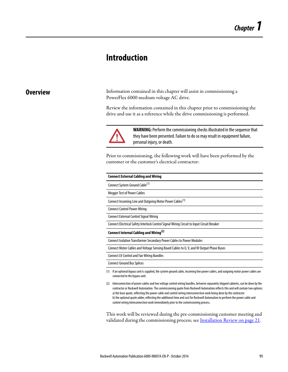 1 - introduction, Overview, Chapter 1 | Introduction, Chapter | Rockwell Automation 6000 PowerFlex Medium Voltage Variable Frequency Drive Commissioning Manual User Manual | Page 11 / 98