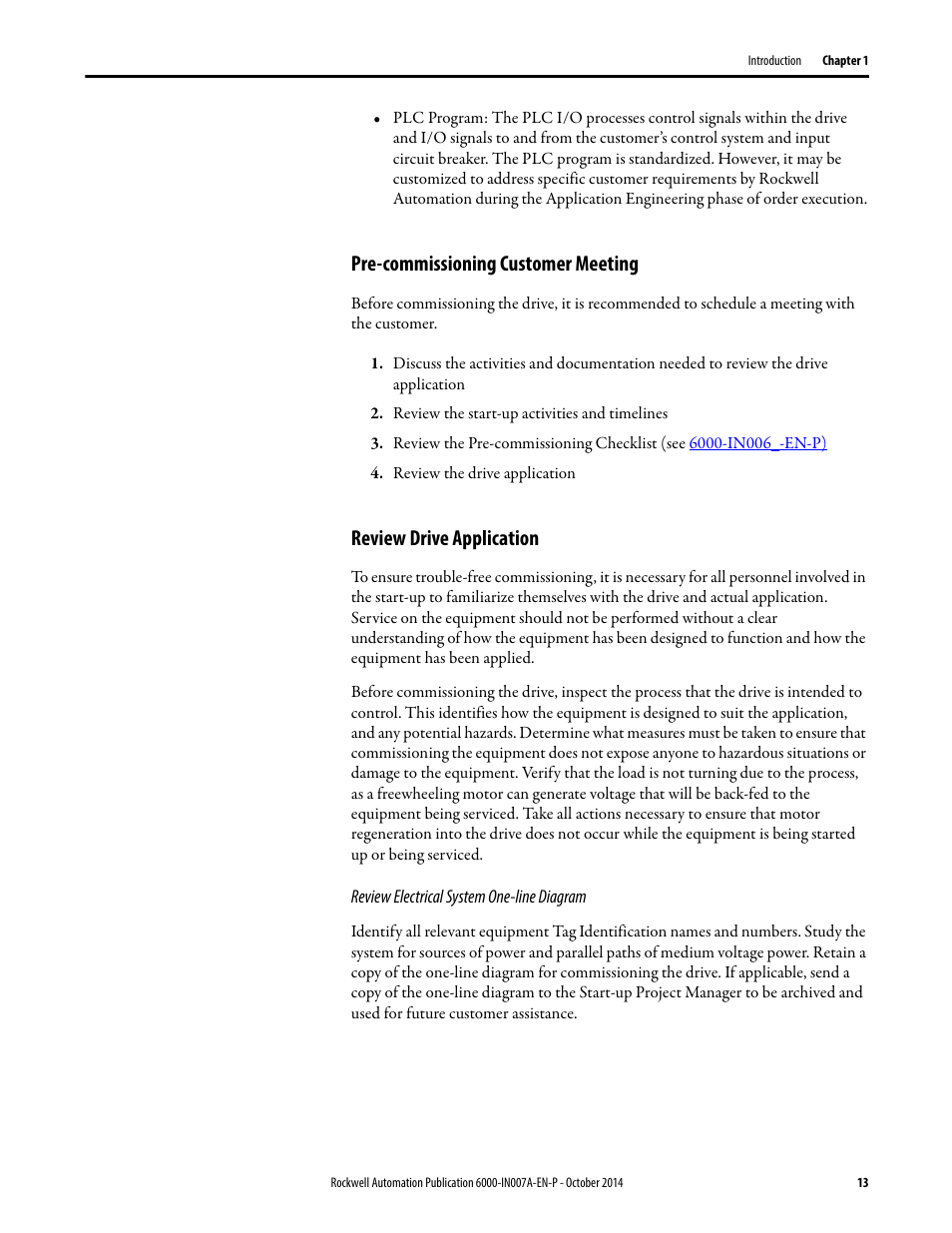 Pre-commissioning customer meeting, Review drive application | Rockwell Automation 6000 PowerFlex Medium Voltage Variable Frequency Drive Commissioning Manual User Manual | Page 13 / 98